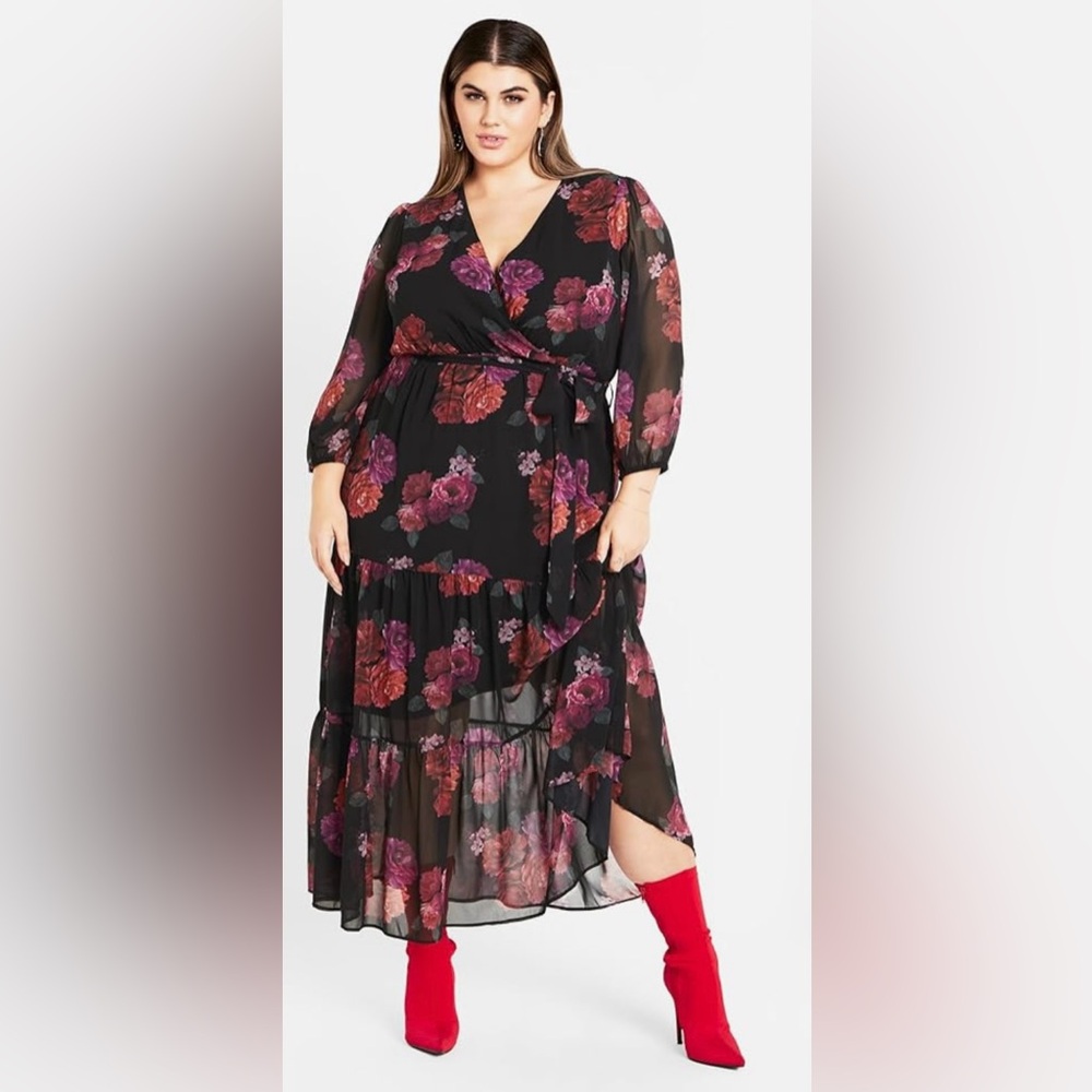 City Chic Black and Pink Floral Long Sleeve Dress